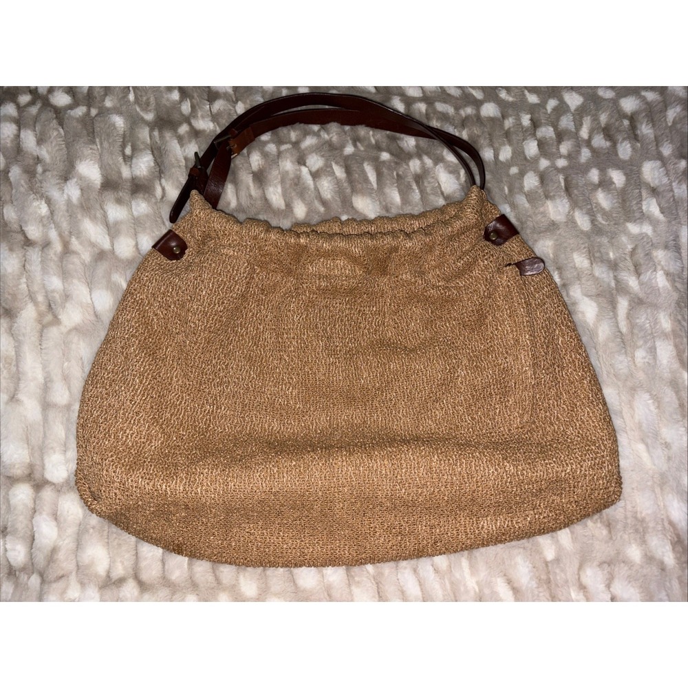 J Jill Large Tan Brown Shoulder Hobo Weekend Bucket Bag Leather Handles Pockets